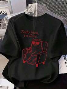 1 camiseta de talla grande para mujer, con la frase en español "Está bien, ya he llorado lo suficiente", con un gráfico de un gato con gafas de sol en forma de corazón sentado en una silla y tomando café. Camiseta casual de manga corta con cuello redondo, adecuada para primavera, otoño, verano, ideal para el Día de San Valentín y la vuelta al cole. Camiseta de talla grande para mujer, ropa de vacaciones, Día de San Valentín, top, verano, ropa de talla grande para mujer, Día de San Valentín. Blanco 180g 100% Algodón - Negro - Ver 12