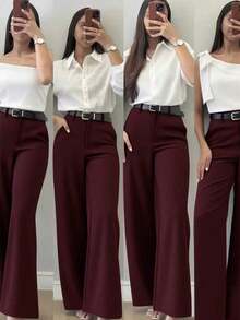 Pantalones casuales de pierna acampanada con diseño minimalista para mujer, adecuados para ir al trabajo, la oficina, uso diario, todo el año, color rosa primaveral - Burdeos - Ver 6