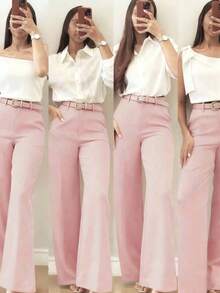 Pantalones casuales de pierna acampanada con diseño minimalista para mujer, adecuados para ir al trabajo, la oficina, uso diario, todo el año, color rosa primaveral - Rosa - Ver 6