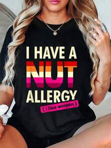 Camiseta Vintage Holgada para Mujer con Estampado de Letras Casual Diario 100% Algodón, Camiseta Divertida para Mujeres Lesbianas con Estampado "I Have A Nut Allergy", Camiseta Vintage de Corte Relajado para Mujer, Tops Suaves Premium con Estampado, Camisetas de Moda con Cuello Redondo, Camiseta Oversize para Mujer con Estampado 100% Algodón Puro. - Negro - Ver 6