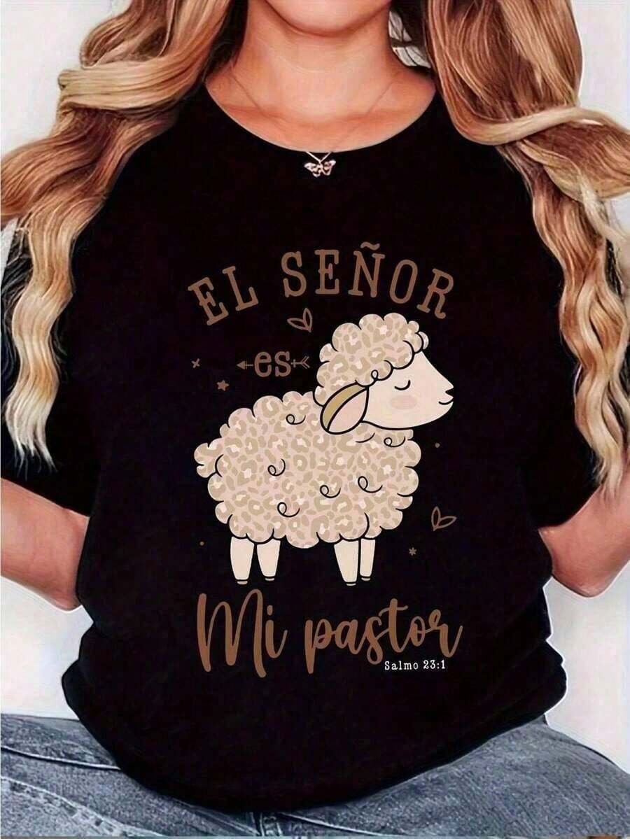 Camiseta Vintage Religiosa Española para Mujer - Cuello Redondo  con Oveja Bonita, EL SENOR MI Pastor y Corazones - Camiseta Suave para Iglesia y Outfits Casuales - Ropa Cristiana Lavable a MáquinaPure-Cotton - Negro - Ver 1
