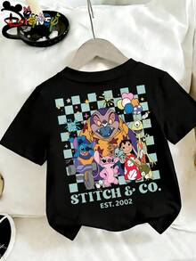 Disney Lilo & Stitch Kids Black Short Sleeve T-Shirt, "Stitch & Co." Group Characters Print Casual Top, Ideal For School, Travel, Vacation And Daily Wear - 黑色 - 查看 4