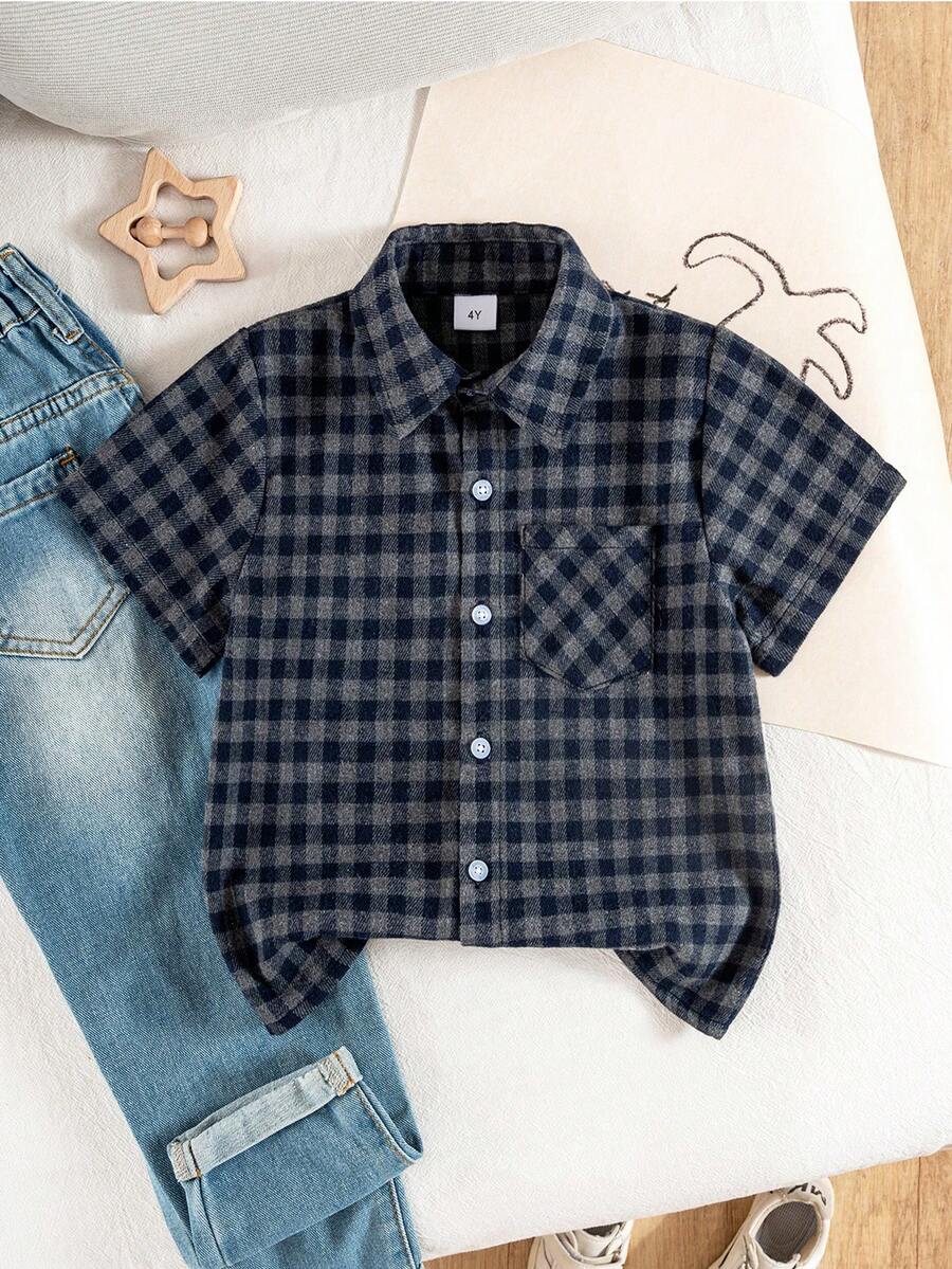 Young Boy Casual Plaid Short Sleeve Shirt - Dark Grey - View 1
