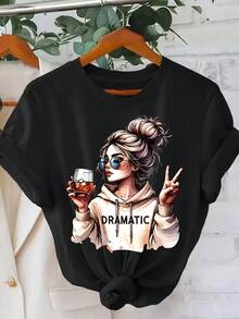 Soft 100% Cotton "DRAMATICA" T-Shirt, 1 Piece, Short-Sleeved T-Shirt With A Round Neck And  Print For Women, Casual And Comfortable For Everyday Wear, Print Combined With A Comfortable Round Neck, The Perfect Choice For Summer. Breathable Cotton T-Shirt, Goes With Everything. - 黑色 - 查看 6