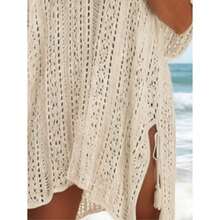 (Free Shipping)Women's Boho Crochet Knit V Neck Half Sleeve Semi-Sheer Cover Up With Side Split Loose Fit Bikini Swimsuit Cover Up For Beach Vacation Summer 2026 - 杏色 - 查看 5