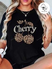 Leopard Print With Cherries And Glitter Text + Black - 100% Pure, Simple Casual Style T-Shirt - Soft And Comfortable, Crew Neck, Short Sleeve, Urban Fashion Top For All Seasons, Casual Wear. | Y2k Crew Neck T-Shirt - 白色 - 查看 1