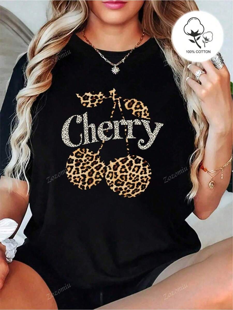 Leopard Print With Cherries And Glitter Text + Black - 100% Pure, Simple Casual Style T-Shirt - Soft And Comfortable, Crew Neck, Short Sleeve, Urban Fashion Top For All Seasons, Casual Wear. | Y2k Crew Neck T-Shirt - 白色 - 查看 1