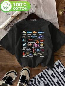 Sea Life Alphabet, Printed T-Shirt For Exploring Sea Creatures, Casual Short Sleeve Round Neck Top, Suitable For Summer And Spring, Women's Clothing, Comfortable Cotton T-Shirt. - 黑色 - 查看 6