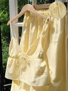 2 piezas Conjunto casual de vacaciones con rayas tejidas amarillas para mujer, /verano - amarillo ganso - Ver 3