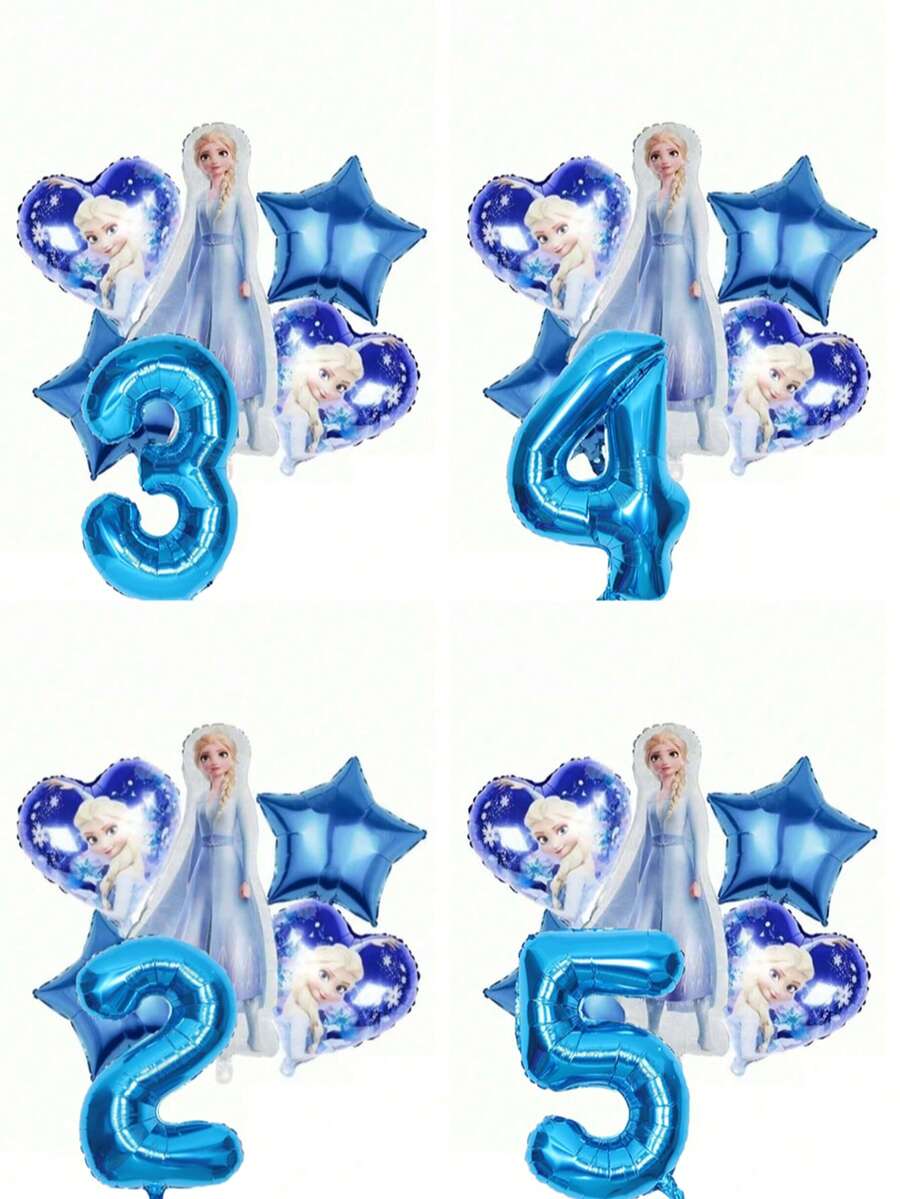 6pcs Authorized Frozen Princess Blue Style Girls Birthday Party Balloon Set Decoration, Including Blue And White Balloons, Birthday Party Decorations, Birthday Wishes Balloon Combo, Foil Balloons, 18 Inch Patterned Round, Heart And Star Foil Balloons, Suitable For Birthday Growth Ceremony Party Wall Decor Background - View 1