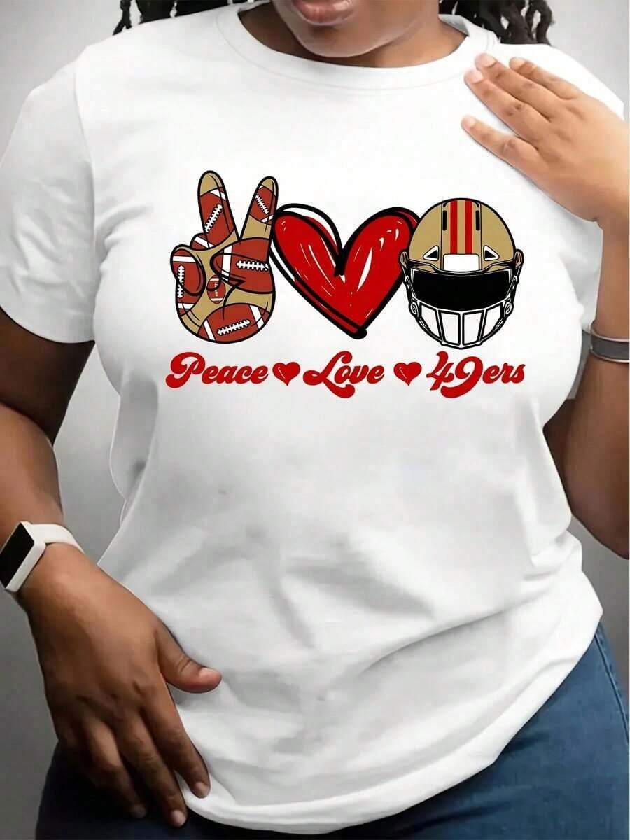 Camisetas Casuales Unisex Premium Bonitas, Camiseta Negra con Diseño de Casco de Fútbol Americano de los 49ers, Paz, Amor y Corazón para Uso Casual y Aficionados al Deporte - Blanco - Ver 1