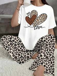 Pure Cotton T-Shirt For Women: Charming Plus Size White T-Shirt For Women With Leopard Print Heart Designs - Elegant Casual Top With The Word 'Love' In Cursive And A Stylish Touch, Fashionable For Everyday Wear (Short Sleeve Only) | Only Available As Individual T-Shirts1 PCGoing Out Tops For Women - 白色 - 查看 1