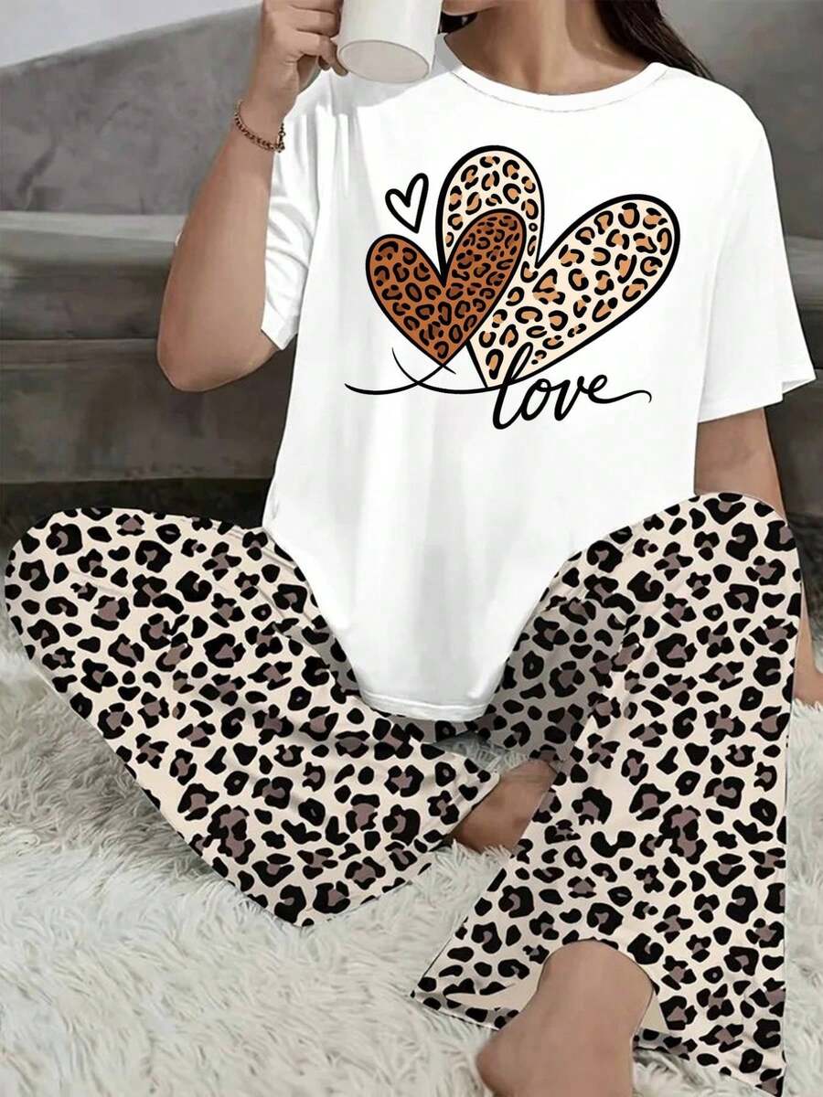 Pure Cotton T-Shirt For Women: Charming Plus Size White T-Shirt For Women With Leopard Print Heart Designs - Elegant Casual Top With The Word 'Love' In Cursive And A Stylish Touch, Fashionable For Everyday Wear (Short Sleeve Only) | Only Available As Individual T-Shirts1 PCGoing Out Tops For Women - 白色 - 查看 1