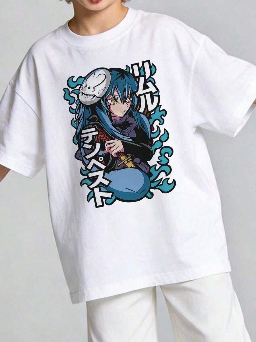 Boys' Summer T-Shirt 2026, Casual, Soft, Crew Neck, Short Sleeve, With A Graphic Print Of An Anime-Style Blue-Haired Character, Suitable For Everyday Casual Wear. Black Y2K Style T-Shirt. - 白色 - 查看 1