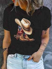 Women's T-Shirts Western Style Printed T-Shirt For Women | Denim Boots And Hat Design, 'Best Season' Text, Machine Washable, Casual Wear For All Seasons, Stylish Gift For Parties And Holidays. - 黑色 - 查看 8