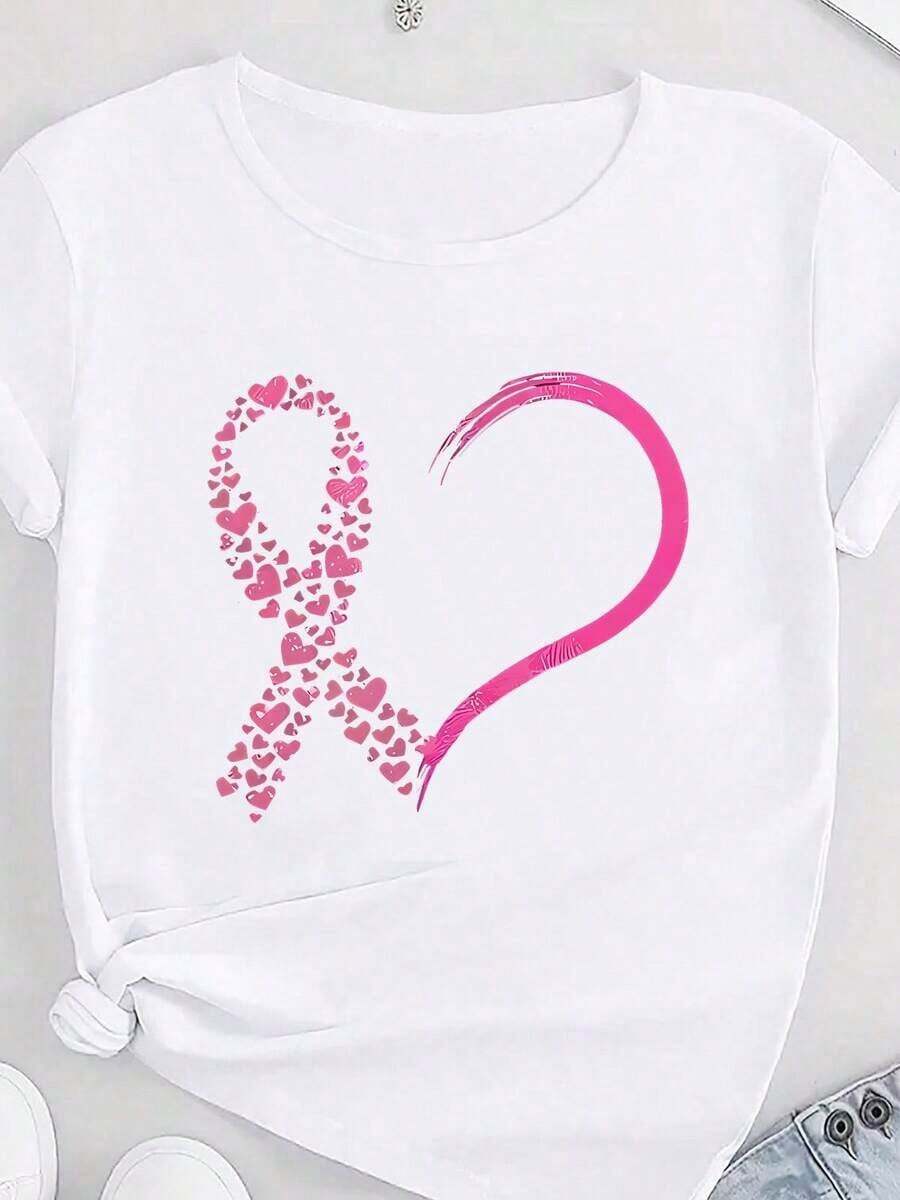 Camiseta Deportiva Casual para Mujer, Cuello Redondo, Manga Corta, Estampado Creativo de Corazón para la Concientización sobre el Cáncer de Mama, Top Cómodo de Verano para Vacaciones - Blanco - Ver 1