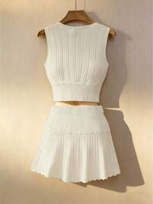 Conjunto de 2 piezas de top sin mangas de punto acanalado de unicolor y minifalda, para verano - Albaricoque - Ver 3