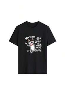 1 pieza/Set de camiseta de manga corta con cuello redondo y estampado gráfico de gato, estilo minimalista y lindo, nueva para el verano, blusa casual versátil y a la moda para mujeres. - Negro - Ver 5
