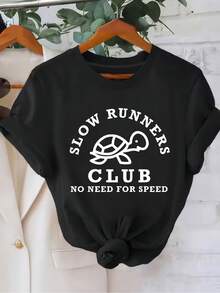 1 camiseta negra para mujer con estampado "Slow Runners Club No Need for Speed" y diseño de tortuga - Corte casual y relajado, lavable a máquina, comodidad para el día a día, regalo perfecto para cumpleaños y festividades, ropa cómoda, tela duradera, textura suave, camiseta estilo Y2k. - Negro - Ver 9