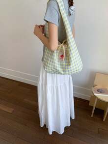 1个大容量格子雪纺手提包，黄蓝撞色番茄图案单肩包，适合通勤、购物、上学、旅行，轻便可折叠多功能帆布包 - 彩色 - 查看 4