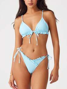 Women Triangle Halter Thong Bikini Set Ruffle Sexy String Two Piece Swimsuit Bathing Swimwear - Azul - Ver 3