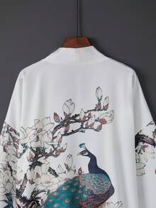 復古寬鬆波希米亞中長版孔雀印花優雅個性時尚和服罩衫，休閒居家繫腰浴袍 白色 - 白色 - 查看 4
