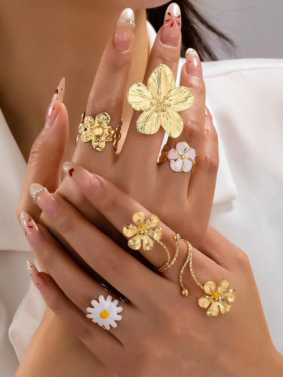 5pcs Gold Flower Stackable Rings, Vintage Bohemian Floral Ring Set, Enamel Daisy & Metallic Texture Flower Adjustable Rings, Delicate Gift For Girlfriend - Yellow Gold - View 1