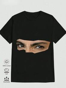 1 Basic Black Cotton T-Shirt (180g), Crew Neck, American Style, Unisex, For Men, Women, And Couples. Features Cool And Amazing Abstract Facial Features Printed On The T-Shirt. Breathable, Versatile, And Machine Washable. Sizes S-3XL. Perfect For Hanging Out With Friends And Enjoying Leisure Time On A Cafe Terrace. Y2k T-Shirt. - 黑色 - 查看 9