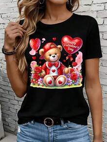 Women's Short-Sleeved T-Shirts In Black And White Are Suitable For Everyday Wear, Lounging At Home, And Outdoor Activities. This Women's T-Shirt Features A Valentine's Day Bear Design With Heart-Shaped Balloons And Flowers, A Cute Teddy Bear Pattern, And A White Crew Neck, Making It An Ideal Valentine's Day Gift. - 黑色 - 查看 7