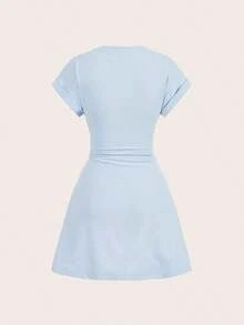 Vestido corto casual de punto de unicolor con cuello redondo, manga corta y cordón lateral para mujer - Azul - Ver 2