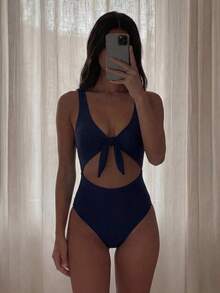 Swim Vcay Traje de baño de una pieza de unicolor negro elegante sin mangas, de cintura alta y con tirantes ajustables, para primavera/verano 2026 - Azul marino - Ver 8