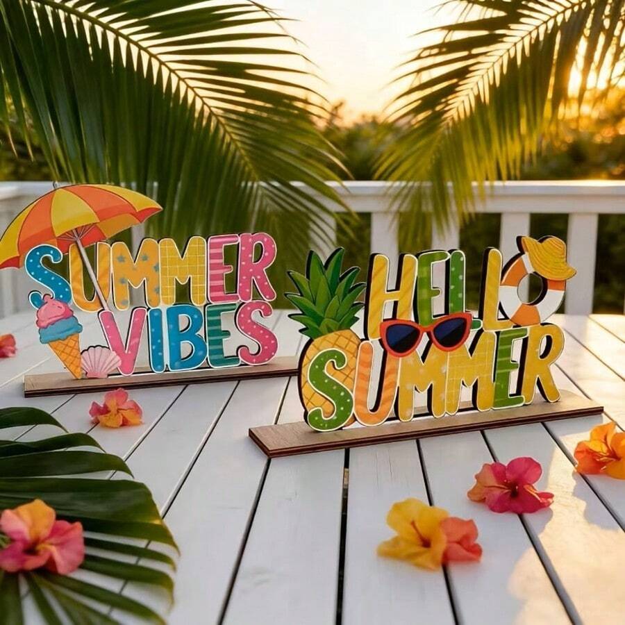 1/2pcs Summer Wooden Tabletop Decor Set - "Summer Vibes" & "Hello Summer" Tropical Coastal Style Wooden Party Decorations, Suitable For Living Room Coffee Table, Bedroom Windowsill, Dining Table And Kitchen Countertop - Multicolor - View 1