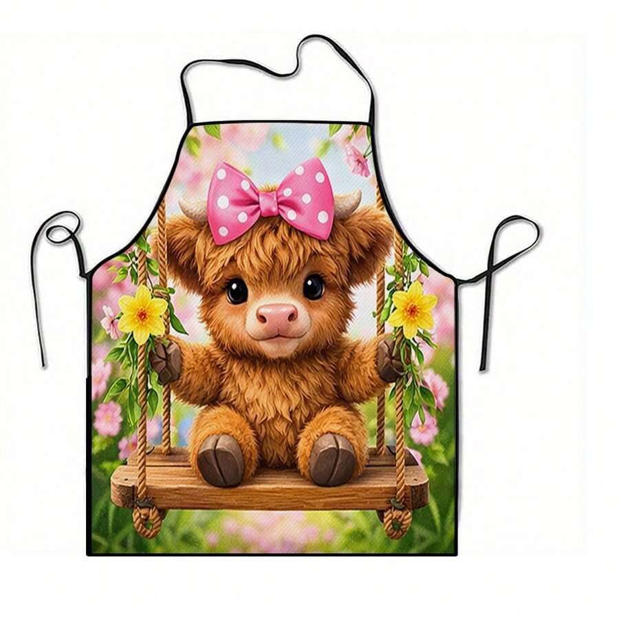 1pc Cute Cow Print Apron, Suitable For Kitchen, Living Room, Dining Room, Hotel, Outdoor BBQ, Made Of 100% Polyester, Machine Washable & Hand Washable - Multicolor - View 1