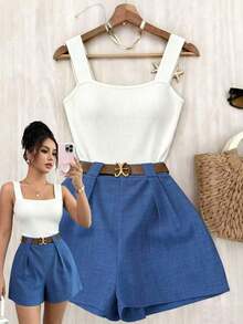 Conjunto casual de vacaciones para mujer de 2 piezas con top ajustado de tirantes cuadrado en color marrón y shorts de pierna ancha elásticos en la cintura en color blanco, diseño de moda francés elegante primavera/verano 2026 - Multicolor 3 - Ver 9