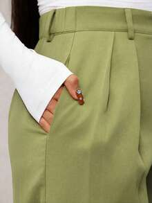 Pantalones anchos de pierna ancha de color café oscuro de moda minimalista para mujeres, pantalones de tela marrón de pierna ancha para el trabajo, pantalones de tiro alto de pierna ancha marrón para mujeres, pantalones de traje marrón para otoño/invierno - Verde - Ver 3
