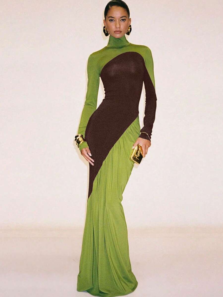 Vestido ajustado de cintura alta en combinación de colores, moderno y creativo para la calle - Verde - Ver 1