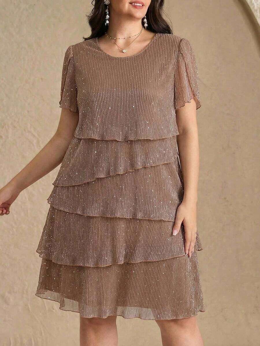 Reflora Vestido de moda con cuello redondo, mangas con volantes y estampado floral para mujer de talla grande - Marrón 2 - Ver 1