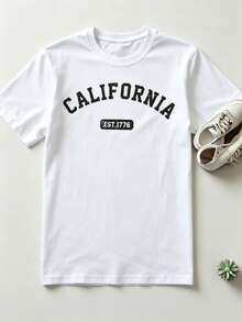camisetas estampadas Prenda individual, no un conjunto de 3 piezas, 1 piezas/set de camisetas de manga suitable for streetwear, Top oversized cuello redondo daily outings, camping, concerts, hip-hop, rock, and rap events corte recto manga corta cuello redondo tshirt playera dama gráfico diseño urbano universitario ciudades Paris Nueva York California - Blanco - Ver 2