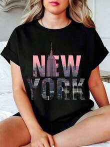 One Women's T-Shirt With A New York City Print, Comfortable And Casual, Fashionable For Spring And Summer, Suitable For Everyday Wear, Parties, School, Music Festivals, Vacations, And Work. It Makes A Great Gift For Family, Boyfriends, Girlfriends, Friends, And Girls. Black Summer Clothing, 180g, 100% Cotton, Printed Designs. Unisex. - 黑色 - 查看 2
