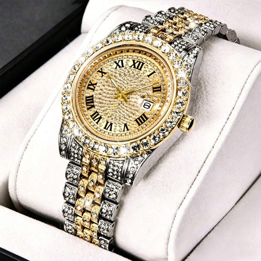 1 chiếc đồng hồ nam mạ vàng đính đá cổ điển, kiểu dáng thanh lịch, phù hợp với nhiều trang phục, quà tặng dành cho nam giới, đồng hồ nam cao cấp, phụ kiện nam, đồng hồ đeo tay công sở thường ngày, trang sức đeo tay, không kèm hộp quà. - Vàng - Xem 1