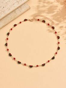 1 pieza Collar de sandía esmaltada de material de cobre dulce y creativo, collar de fruta de moda, adecuado para uso diario, decoración, playa, cita, fiesta. El orden de la cadena hecha a mano es aleatorio con una cantidad de cuentas no fija, una opción de regalo ideal. - Multicolor - Ver 2