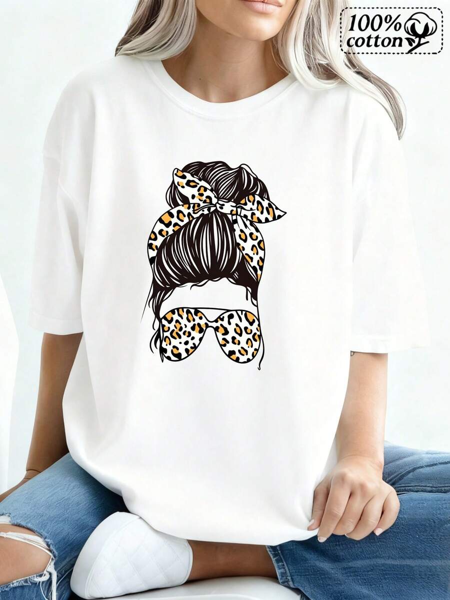 Fashionable Women's White T-Shirt With Leopard Print Front, Bow And Fashionable Glasses, Comfortable Casual Wear Design For Daily Outings And Cashier Style - 白色 - 查看 1