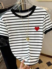 Camiseta casual de mujer de cuello redondo y manga corta con estampado de letras y rayas - Multicolor 4 - Ver 4