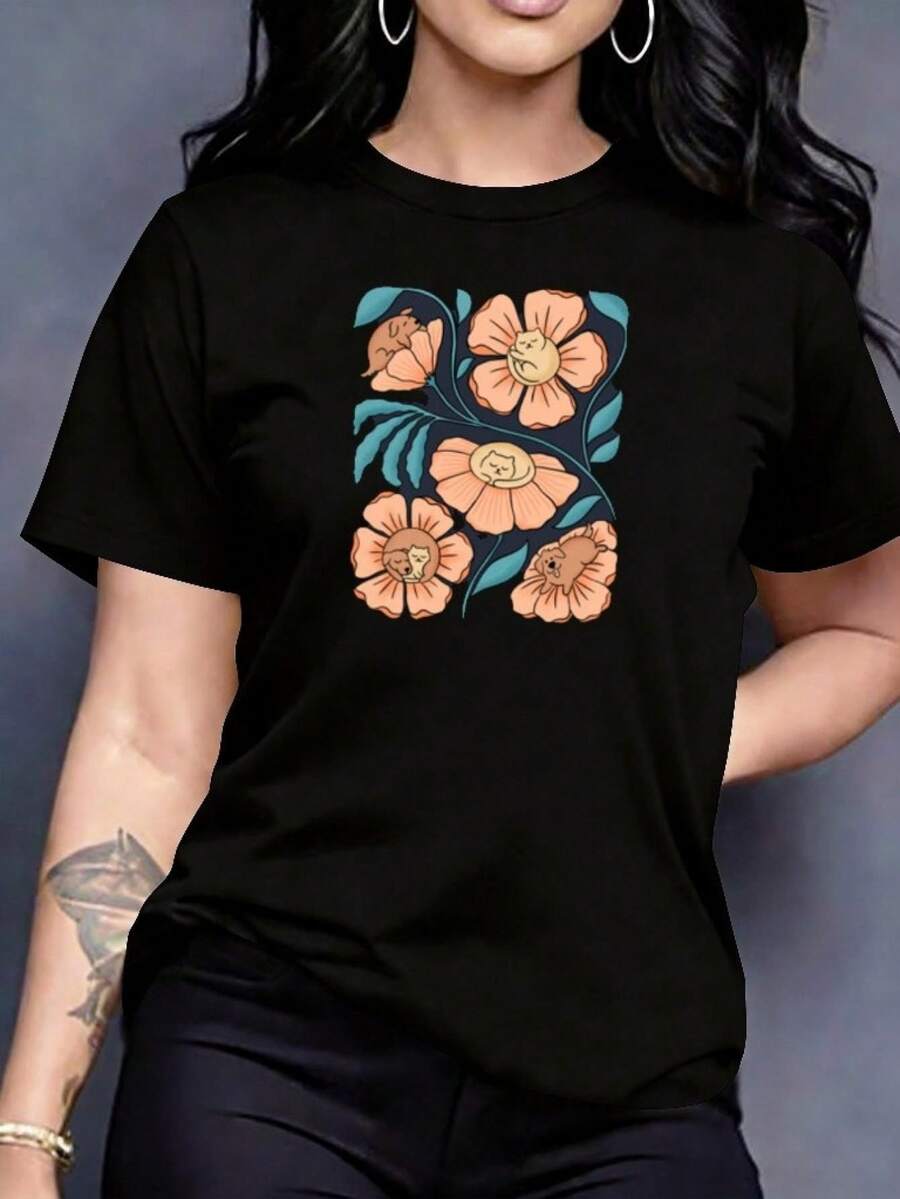 Camiseta de Mujer con Estampado de Dibujos Animados de Perros, Flores, Gatos y Perros, Cuello Redondo, Estampado de Talla Grande, Estilo Casual de Manga Corta, Diseño Urbano, Prenda Ligera y Elástica, Ropa Casual de Verano y Primavera, Cómoda, Absorbente de Sudor, Ideal para Salidas Diarias y Atuendos Cotidianos. - Negro - Ver 1