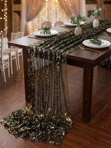 1pc Black Gold Sequin Table Runner,Broken Gold Gauze,Polyester Rectangular Sparkling Tablecloth,Wedding Table Runner,Birthday Babyshower Wedding Party Decoration,Halloween Party Decor,Happy Halloween Decorations For Home,Trick Or Treat Decor - Black Gold - View 2