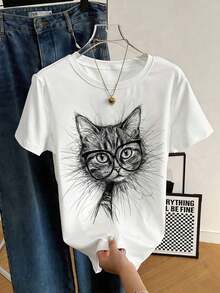 Nuevas camisetas de verano para mujer con estampado de gato, cuello redondo, color blanco, estilo casual, manga corta, holgadas, ideales para vacaciones, uso diario, ir al trabajo y estilo informal. - Blanco - Ver 1