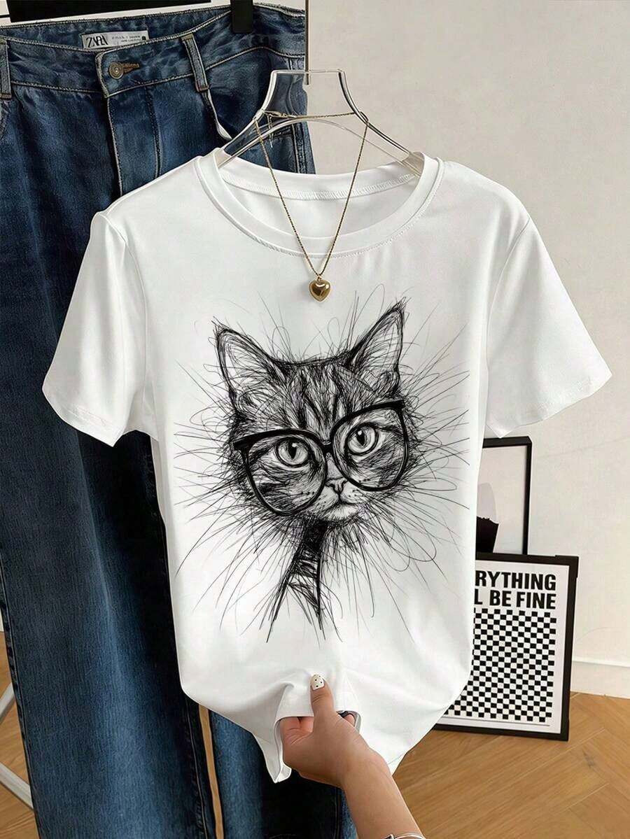 Nuevas camisetas de verano para mujer con estampado de gato, cuello redondo, color blanco, estilo casual, manga corta, holgadas, ideales para vacaciones, uso diario, ir al trabajo y estilo informal. - Blanco - Ver 1