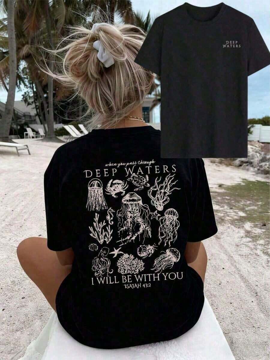 Camisetas de manga corta para mujer, 100% algodón, estilo casual, de talla grande, con estampado de medusas del océano y la frase "Deep Waters", cuello redondo, manga corta, transpirable, top negro para playa, ideal para uso diario y vacaciones. - Negro - Ver 1