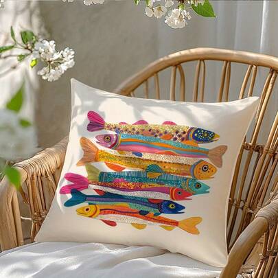 1PC Colorful Sardine Illustration Pattern Pillow Cover, Sofa And Chair Decoration 100% Polyester Fiber Material, Double-Sided Printed Cushion Cover, Home Decoration, Without Pillow Insert