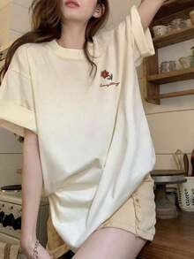Camiseta de Mujer con Estampado Gráfico, Ligera, de Algodón, para Verano, con Estampado de Rosas, Cuello Redondo, Manga Corta, Casual, Talla Grande, 100% Algodón Puro - Albaricoque - Ver 5